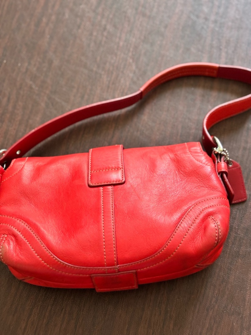 Red Leather Shoulder Bag with Buckle Accent by COACH - Picture 2 of 3